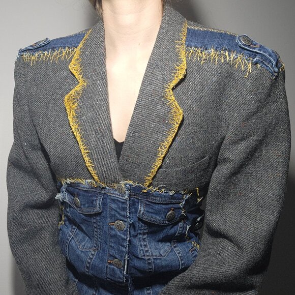 Vintage unique half wool half denim jacket embroidered unique tailored blazer - Picture 5 of 10